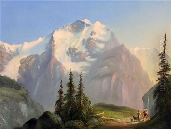 View Of The Jungfrau With Figures And Goats In The Foreground Oil Painting by Franz Richard Unterberger