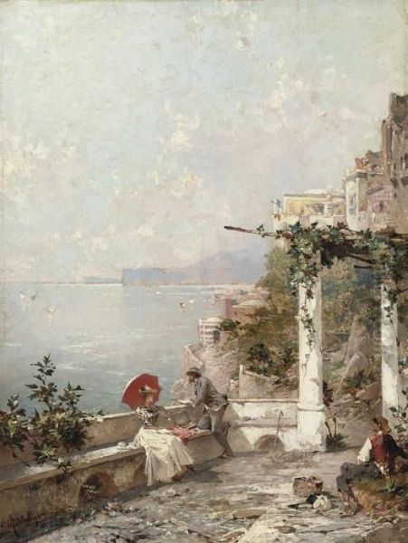 An Artist Sketching On A Terrace In Amalfi Oil Painting by Franz Richard Unterberger