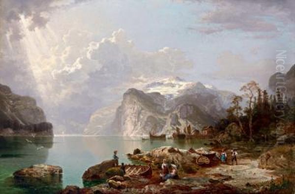 Pescatori In Un Paesaggio Di Fiordo Norvegese Oil Painting by Franz Richard Unterberger