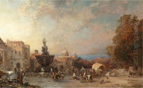 A Market In Naples Oil Painting by Franz Richard Unterberger