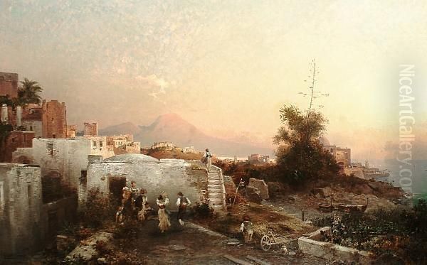 Musicians Dancing Before A House With A View Of The Bay Of Naples Oil Painting by Franz Richard Unterberger