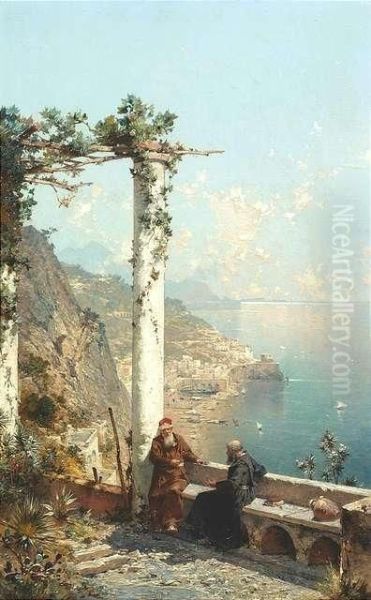 Two Friars At The Capuchin 
Cloister's Patio, In The Background View Of Coast And Bay At Amalfi. 
Oil/panel, Signed Oil Painting by Franz Richard Unterberger