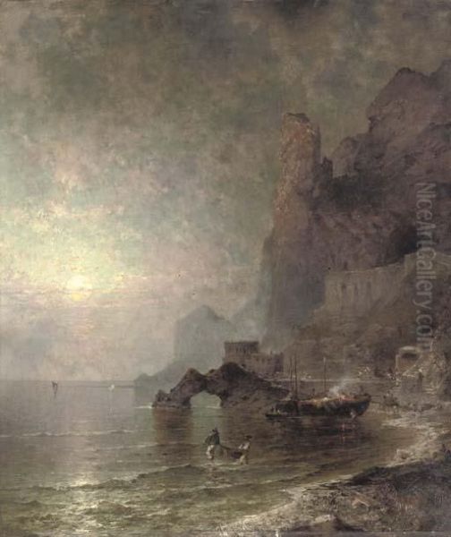 The Gulf Of Salerno, Amalfi Oil Painting by Franz Richard Unterberger