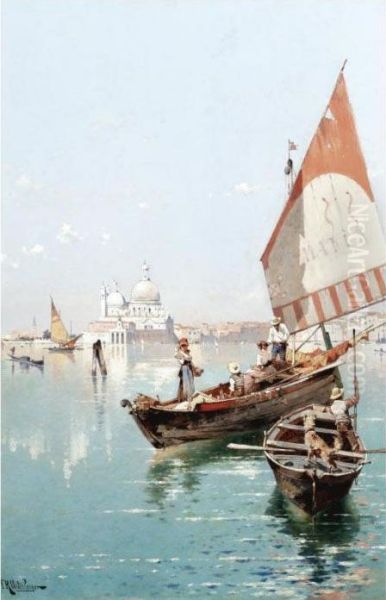 Sailing Boats On The Lagoon, Venice Oil Painting by Franz Richard Unterberger