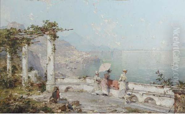 Amalfi, Golfe De Salern: Elegant Ladies Overlooking The Gulf Ofsalerno Oil Painting by Franz Richard Unterberger