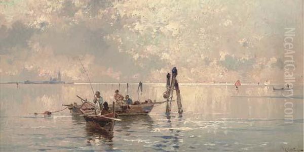 Learning To Fish On The Lagoon, Venice Oil Painting by Franz Richard Unterberger