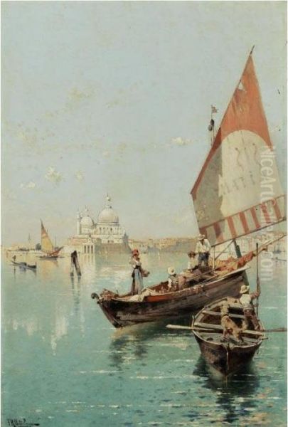 Sailboat In A Venetian Lagoon Oil Painting by Franz Richard Unterberger