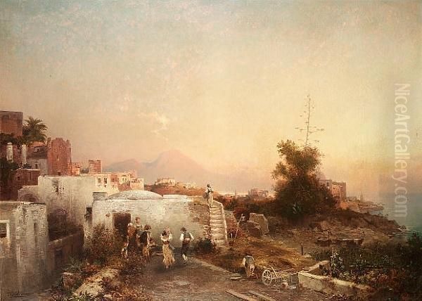 Musicians Before A House, With The Bay Of Naples Beyond Oil Painting by Franz Richard Unterberger