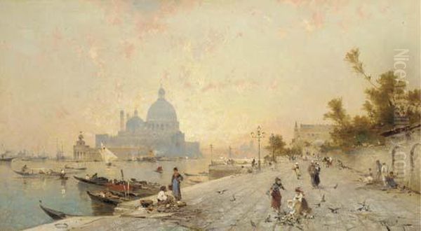 Riva Degli Schiavoni And S. Maria Della Salute, Venice Oil Painting by Franz Richard Unterberger