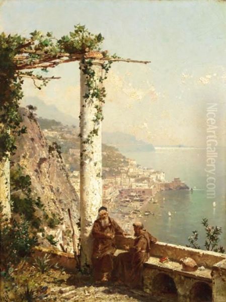 Monks On A Terrace, With Amalfi Beyond Oil Painting by Franz Richard Unterberger