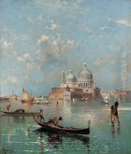 Gondolas In Front Of S. Maria Della Salute, Venice Oil Painting by Franz Richard Unterberger