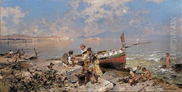 Scena Di Vita A Mergellina Oil Painting by Franz Richard Unterberger