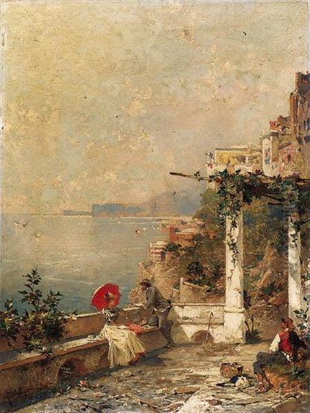 An Artist Sketching On A Balcony, With Amalfi Beyond Oil Painting by Franz Richard Unterberger