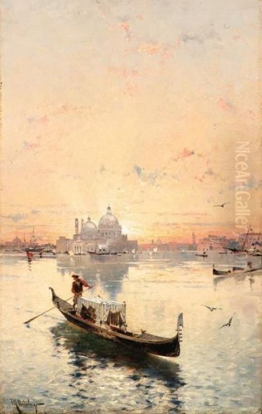 A Gondola Ride With Santa Maria Della Salute In The Distance Oil Painting by Franz Richard Unterberger