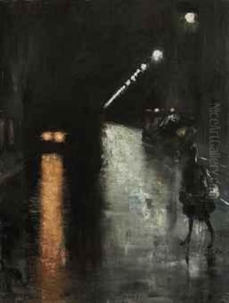 Nachtliche Strassenszene, Berlin (leipziger Strasse?) Oil Painting by Lesser Ury