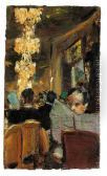 Zeitungsleser Im Cafe Oil Painting by Lesser Ury