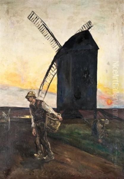 Peasants In Dutch Landscape With Windmill Oil Painting by Lesser Ury