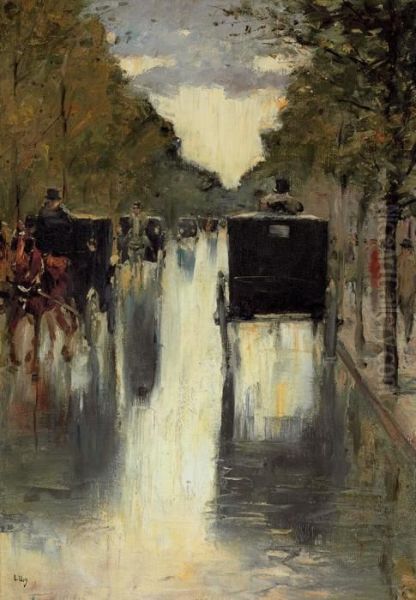 Berlin Street Scene With Horse-drawn Cabs Oil Painting by Lesser Ury