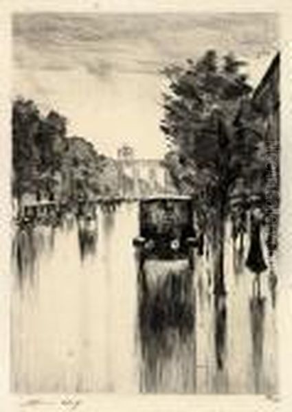 Kraftdroschke Im Regen Am Brandenburger Tor Oil Painting by Lesser Ury