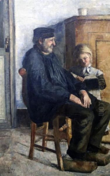 Seated Man Listening To A Child Reading Oil Painting by Lesser Ury