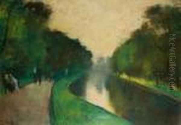 Walking By The 'landwehrkanal' In Berlin Oil Painting by Lesser Ury