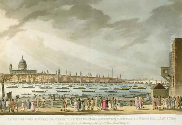 Lord Nelsons funeral procession by water from Greenwich to Whitehall from The History and Graphic Life of Nelson, engraved by J. Clark and H. Marke, pub. by Orme, 1806 Oil Painting by Joseph Mallord William Turner