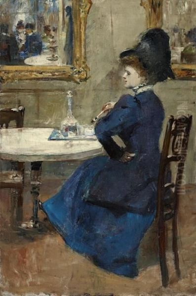 Dame Im Blauen Kleid Im Cafe Oil Painting by Lesser Ury