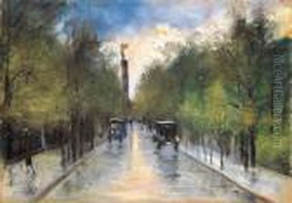 Strasse In Tiergarten Mit Siegessaule Oil Painting by Lesser Ury