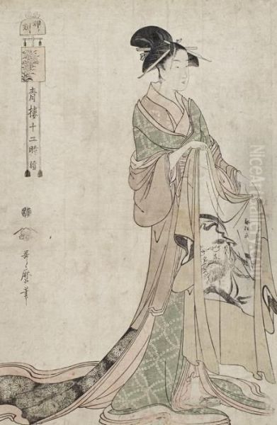 A Courtesan In Yoshiwara At 6am Helping Her Departing Client To Put On His Haori Jacket Oil Painting by Kitagawa Utamaro