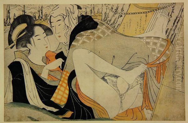 Couple Enlace. La Femme En Kimono Noir. Oil Painting by Kitagawa Utamaro