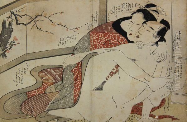 Couple Enlace Devant Un Shoji A Decor De Pruniers En Fleurs. Oil Painting by Kitagawa Utamaro