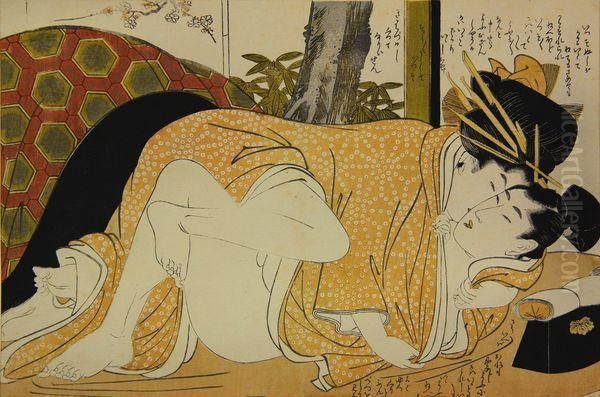 Couple Enlace Devant Des Bambous. Oil Painting by Kitagawa Utamaro