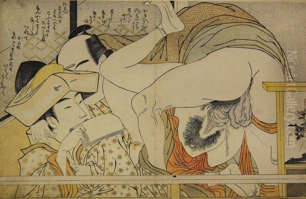 Couple Enlace Sur Une Terrasse, La Femme Coiffee D'une Coiffe Blanche. Oil Painting by Kitagawa Utamaro