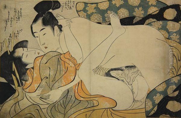 Couple Enlace, La Femme En Kimono Decore De Toiles D'araignee. Oil Painting by Kitagawa Utamaro