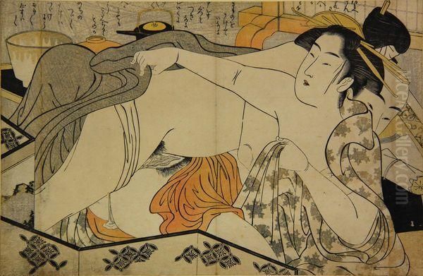 Couple Enlace Devant Un Shoji Et Chawan. by Kitagawa Utamaro