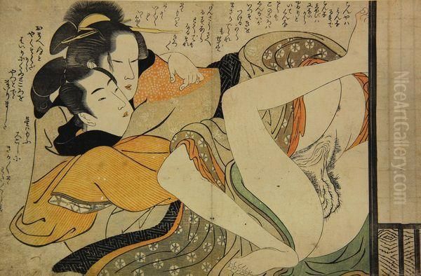 Couple Enlace Devant Un Shoji. Oil Painting by Kitagawa Utamaro