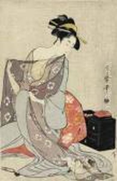 Needlework (hari-shigoto) Oil Painting by Kitagawa Utamaro