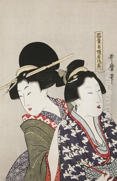 Borst Portret Van Twee Schoonheden, Een Houdt Een Pijp Vast Oil Painting by Kitagawa Utamaro