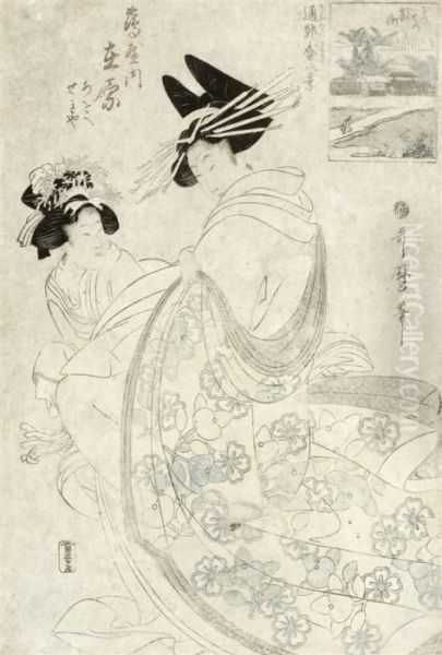 Two Oban Tate-e Oil Painting by Kitagawa Utamaro