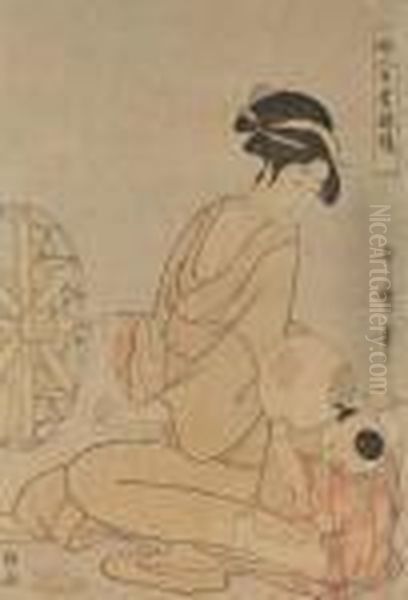 Une Jeune Femme Assise Tourne 
Une Roue En Bois En Regardant Son Fi Ls Qui Lui Montre Un Uchiwa Oil Painting by Kitagawa Utamaro