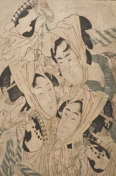 Portrait De Deux Jeunes Femmes Et Un Homme Tenant Oil Painting by Kitagawa Utamaro