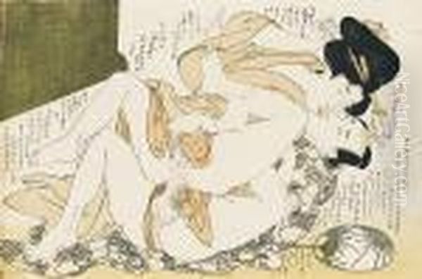 A Couple Making
Love In Front Of A Low Landscape Screen Oil Painting by Kitagawa Utamaro