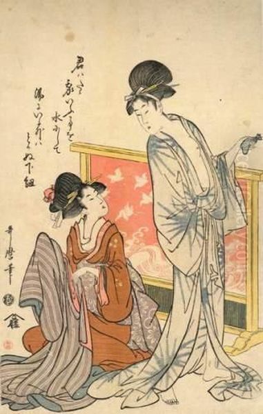 Deux Jeunes Femmes, L'une Debout, L'autre Assise Devant Un Paravent Pliant Sa Robe. Oil Painting by Kitagawa Utamaro