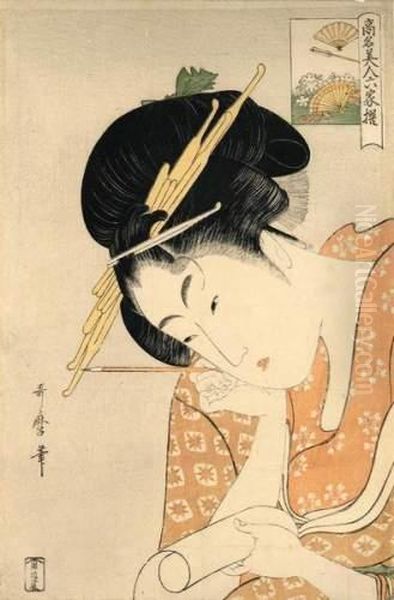 Portrait D'une Jeune Femme Tenant Un Pinceau Et Un Rouleau De Peinture. Oil Painting by Kitagawa Utamaro