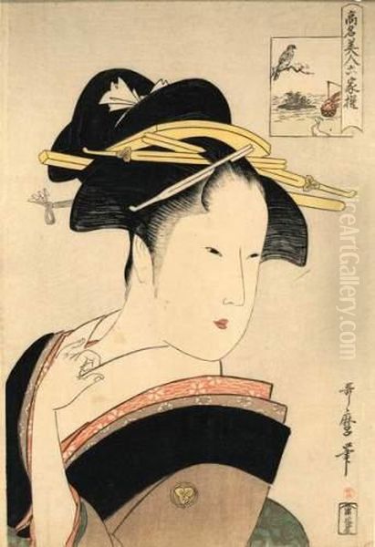 Portrait D'une Jeune Femme En Buste, Tenant Le Tissu De Son Col. Oil Painting by Kitagawa Utamaro