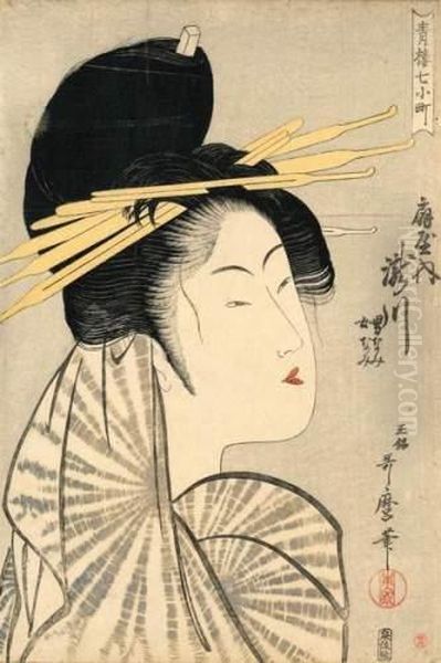 Courtisane Se Cachant L'oreille Avec Le Pan De Sa Robe. Oil Painting by Kitagawa Utamaro