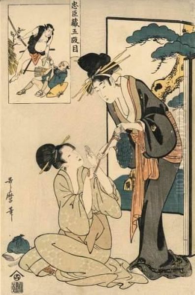 Jeune Femme Donnant Des Billes A Une Autre. Oil Painting by Kitagawa Utamaro