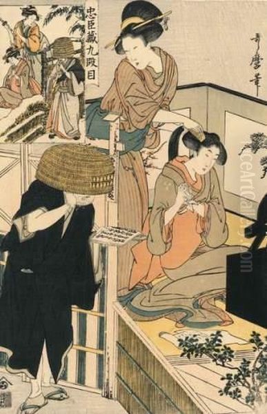 Jeune Femme Peignant Les Cheveux D'une Autre Regardant Un Ronin Lisant Un Livre. Oil Painting by Kitagawa Utamaro