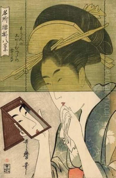 Jeune Femme Derriere Un Volet Se Regardant Dans La Glace. Oil Painting by Kitagawa Utamaro