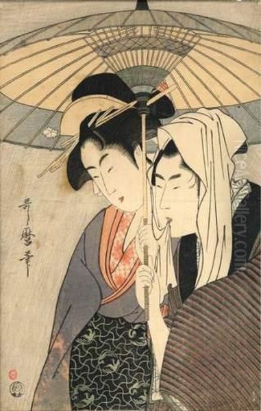 Un Couple Sous Une Ombrelle. Oil Painting by Kitagawa Utamaro